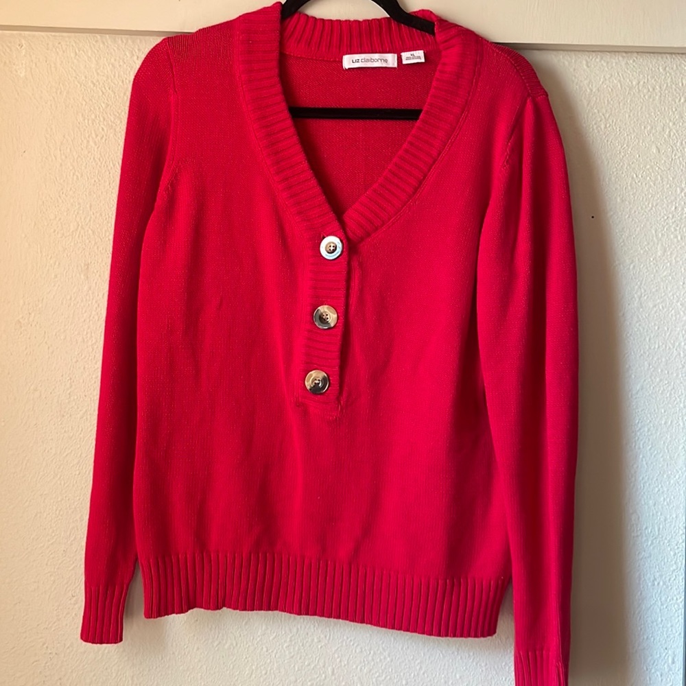 Vintage Liz Claiborne red knit cotton long sleeve button sweater